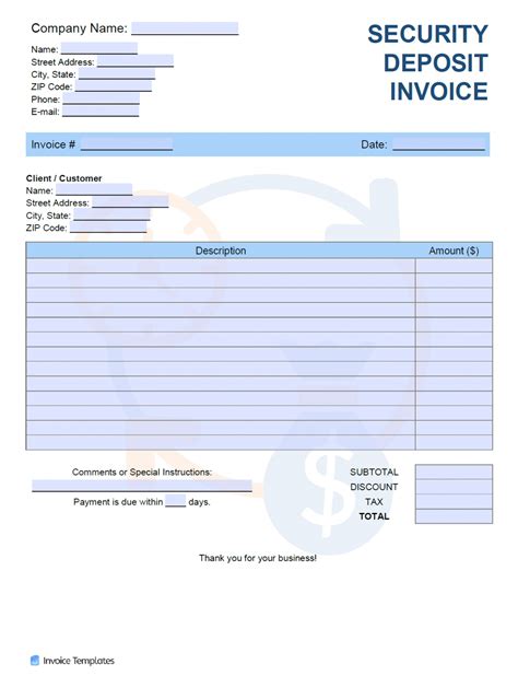 Security Deposit Refund Invoice Template