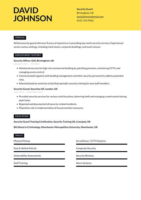 security guard cv example uk