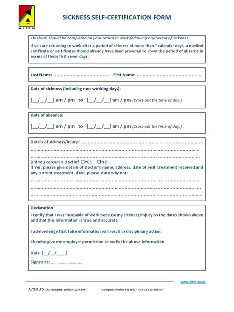 self certification sickness form template