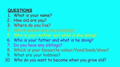 self introduction questions and answers for kids