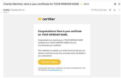sending certificates via email template