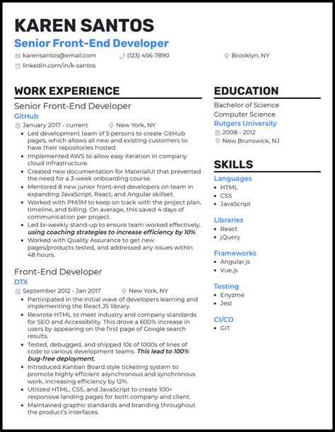 senior frontend developer cv example