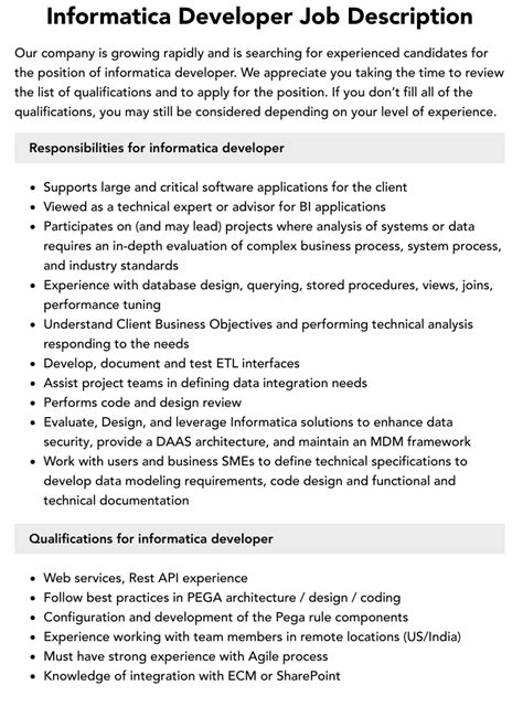senior informatica developer job description