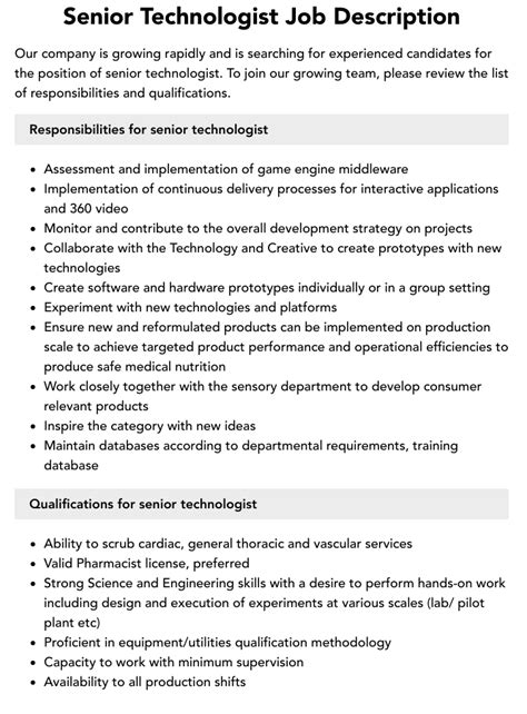 Senior Technologist Job Description