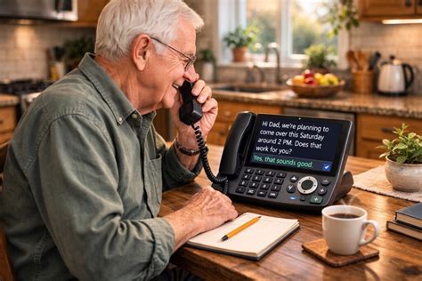 Senior woman talking on a captioned phone