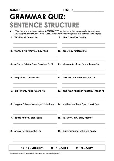 "Sentence Structure" Grammar Quiz Grammar quiz, Sentence structure