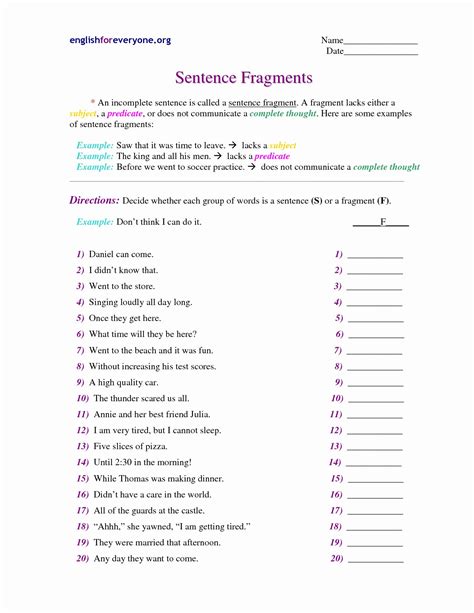 Fragment Run On Complete Sentence Worksheet