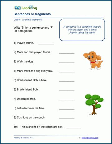 sentence or fragment worksheet grade 1