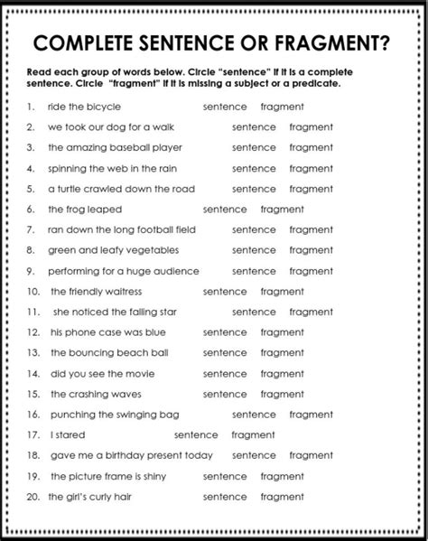 sentence or fragment worksheet grade 6