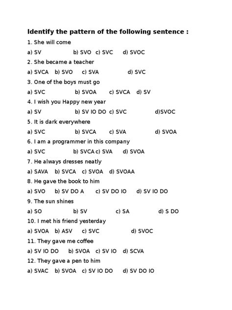 sentence pattern exercises with answers pdf class 8