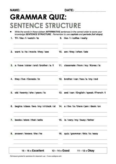 sentence structure in english exercises