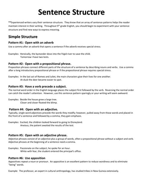 sentence structure with examples pdf