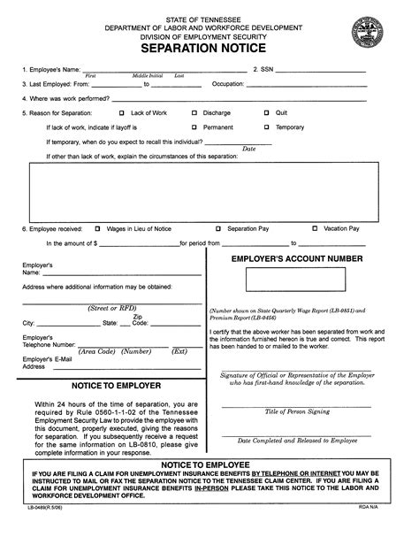 Separation Notice Template State Of Department Of Labor