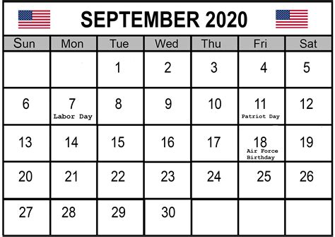 september 2020 calendar with holidays usa