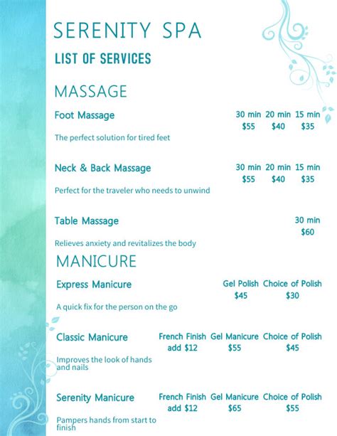serenity day spa prices