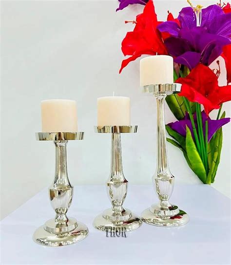 Set Of 3 Silver Candle Holders