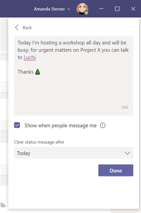set status message in teams for leave example