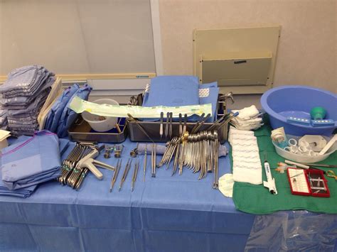 A surgical instrument table set up in an experimental medical tent