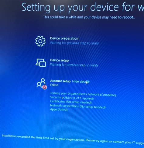 setting up your device for work device setup failed