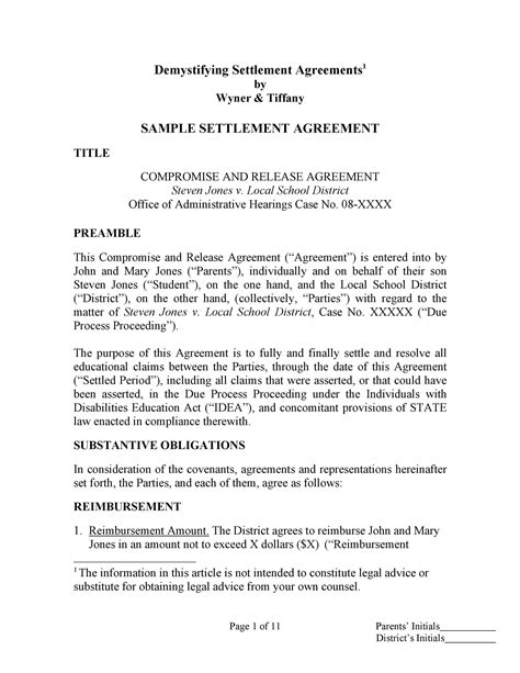 settlement agreement sample