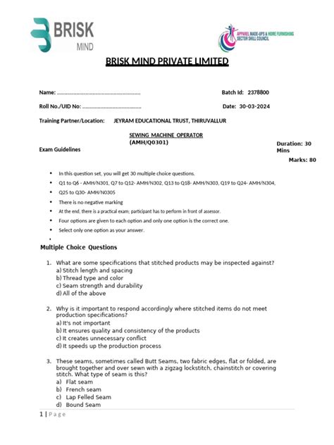 Sewing Machine Operator Question Paper Pdf