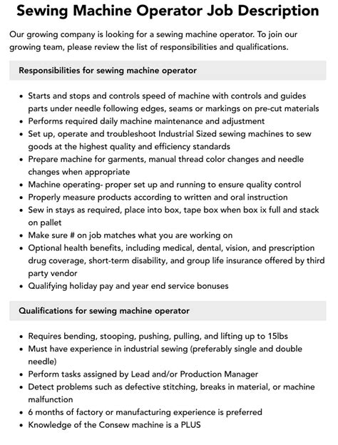 Sewing Machine Operator Requirements