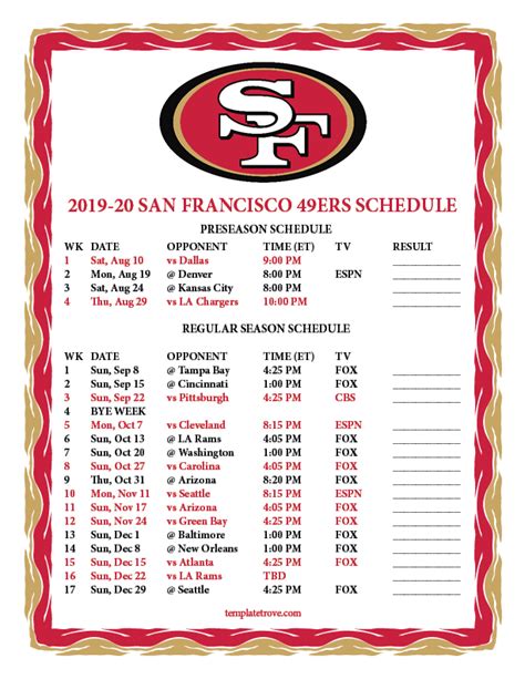 sf 49ers 2020 schedule printable