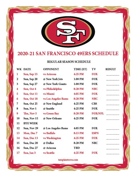 sf 49ers game schedule