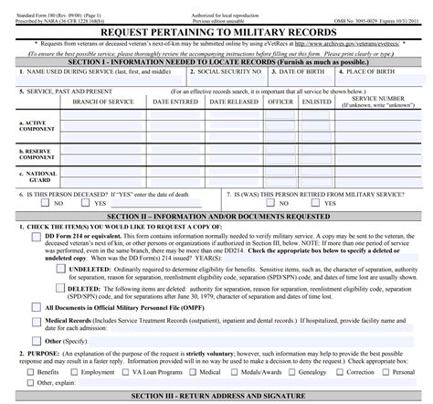 sf-180 form for military records