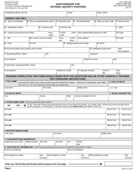 OPM Form SF86 Download Fillable PDF or Fill Online Questionnaire for
