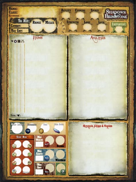 Shadows Of Brimstone Character Sheets