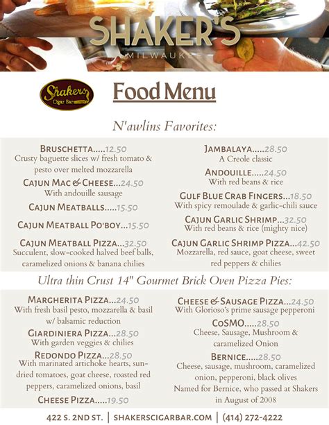 Shakers Milwaukee Menu