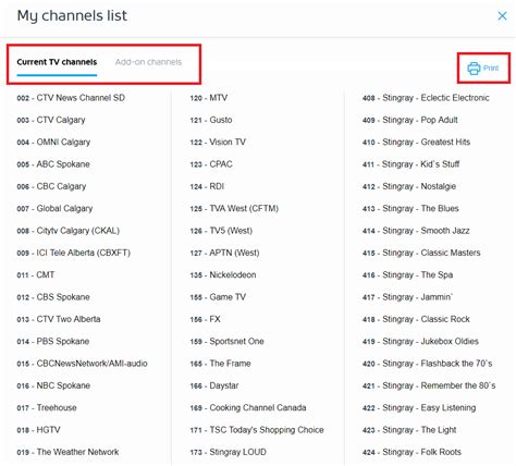 shaw cable tv channels list