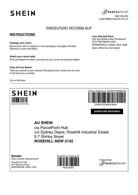 Shein Return Label Print Size