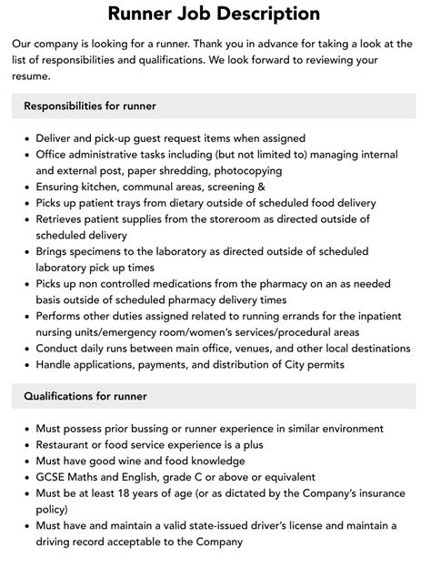 Shift Runner Job Description