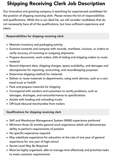 ShippingReceiving Clerk Job Description
