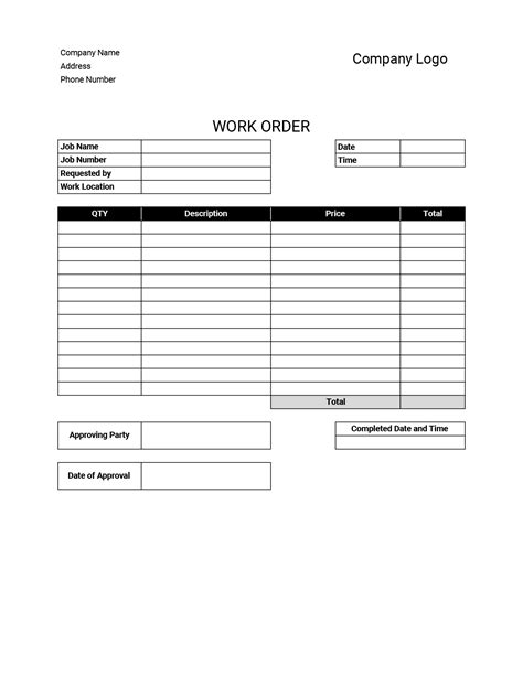 Shop Work Order Template