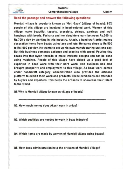 short passage with questions and answers for class 5