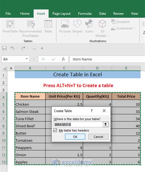 Shortcut For Creating Table In Excel