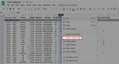shortcut for inserting column in google sheets