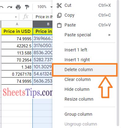 shortcut key to add column in google sheets