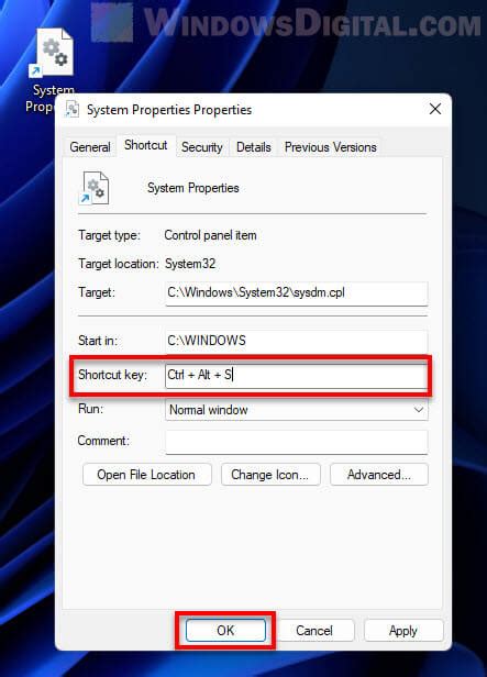 shortcut key to check system properties