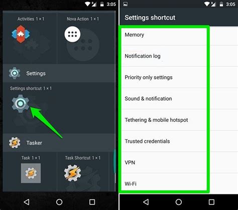 shortcut settings for android phones