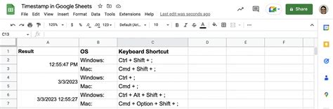 shortcut to enter time in google sheets
