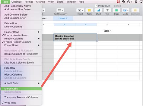 shortcut to merge cells mac