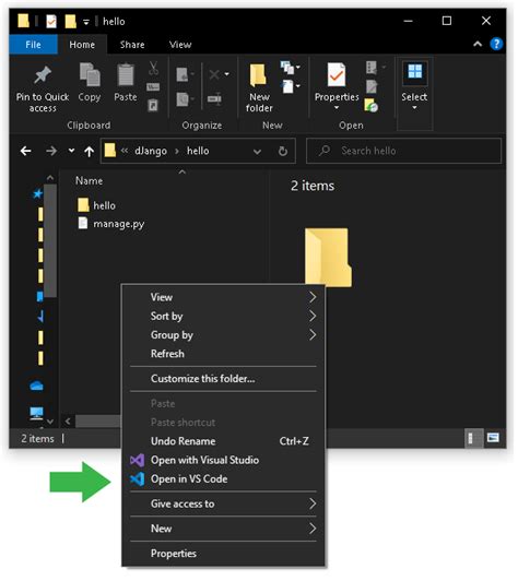 shortcut to open folder in vs code