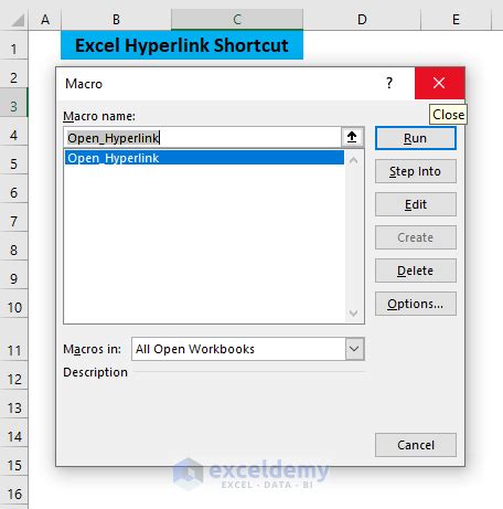 shortcut to open hyperlink in excel cell