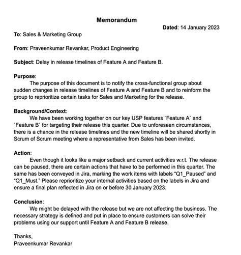 show an example of a memorandum in written