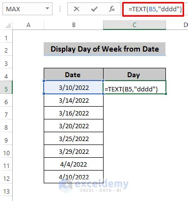 show day of week in excel based on date