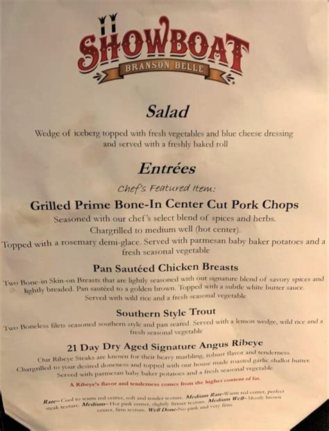 Showboat Branson Belle Menu